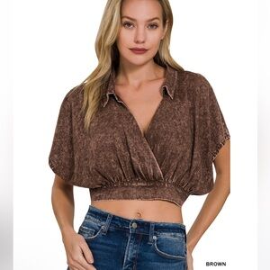 075 - Zenana Outfitters Chocolate Collared Crop Top